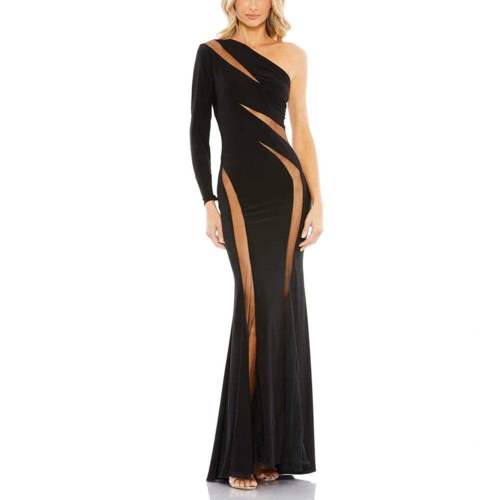 NWT Ieena Mac Duggal 11311 Black Jersey One Shoulder Illusion Cut-Out Go…